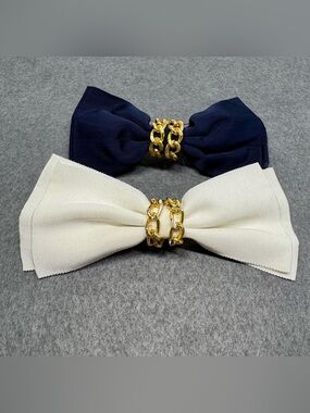 Bow Hair Clips Made In France Ivory Navy Blue Gold Tone Chain- Set Of 2